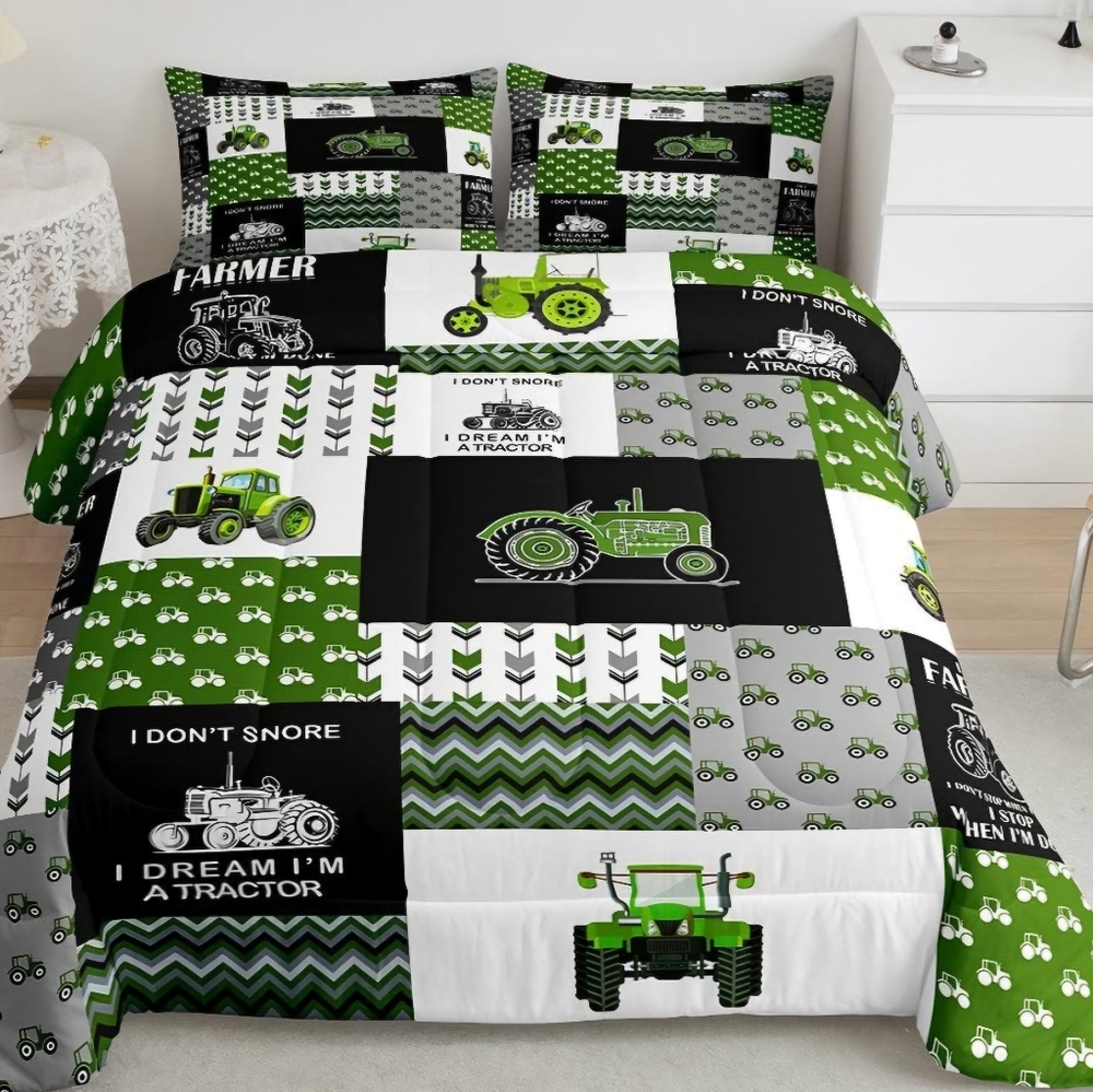 Green/Black/Gray Tractor Twin Bedding Set-ONLY 1 PILLOW SHAM